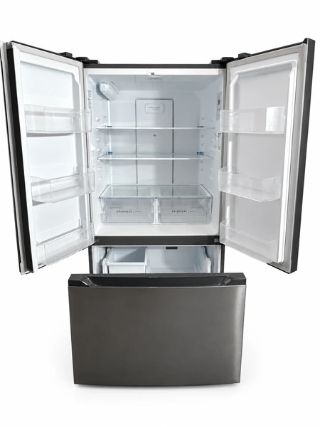 Frigidaire FRFG201LAV 19.9 cu. ft. Counter-Depth French Door Refrigerator: front view with refrigerator doors and freezer drawer open