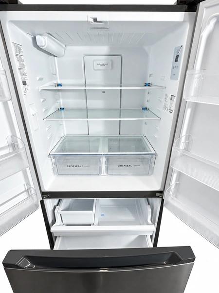 Frigidaire FRFG201LAV 19.9 cu. ft. Counter-Depth French Door Refrigerator: refrigerator interior with shelves and crisper drawers