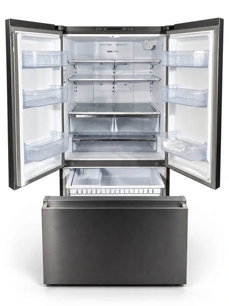 Hisense HRF266N6CSE1 26.6 cu. ft. French Door Refrigerator: front view with doors and freezer drawer open