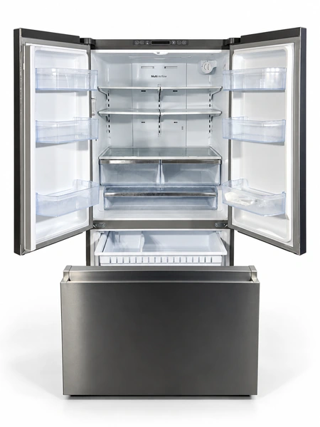 Hisense HRF266N6CSE1 26.6 cu. ft. French Door Refrigerator: front view with refrigerator doors open